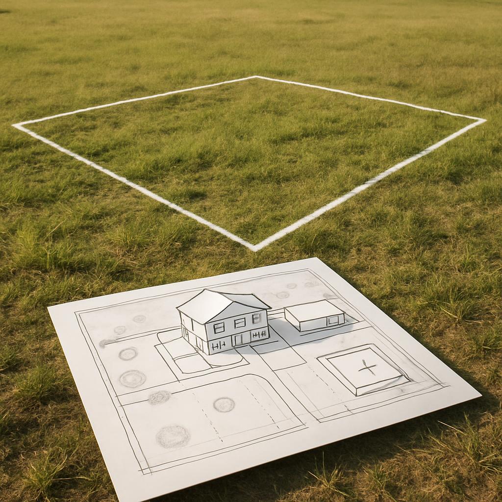 A hand-drawn scale model of a house on a white sheet of paper that's on the grass with a white painted note of a bigger ho...