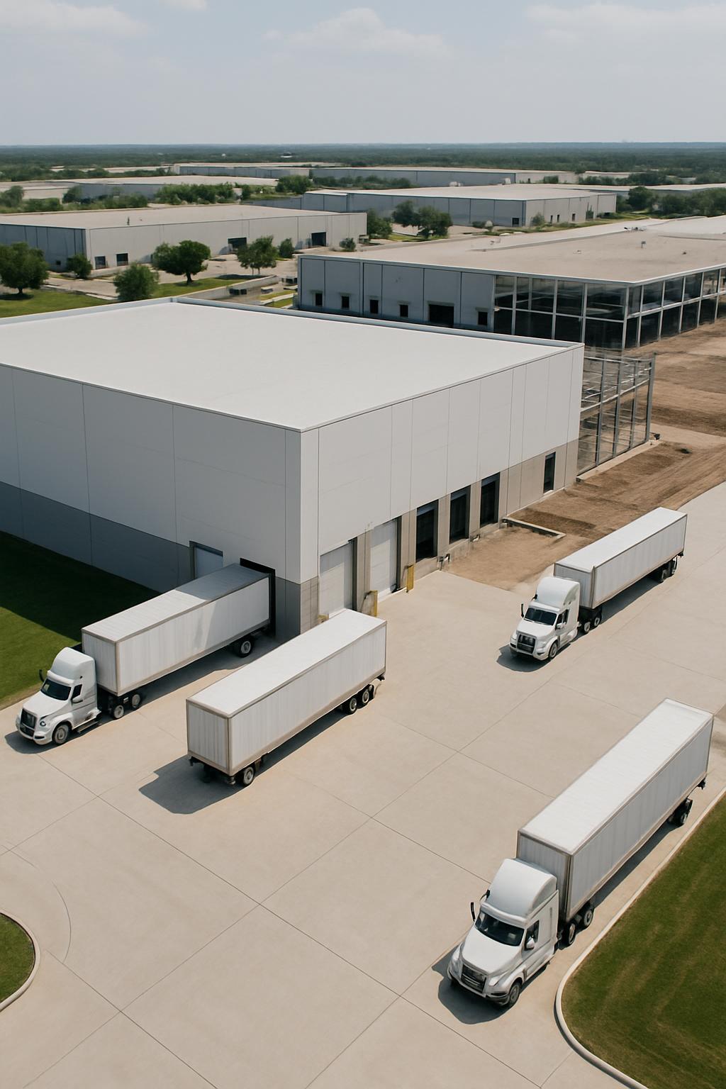 There are several semi-trucks parked in a paved lot adjacent to secured loading bays of large warehouses; the setting sugg...