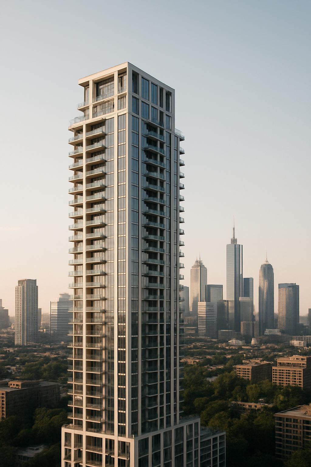 A tall high-rise building with a flat top and many windows against the backdrop of a cityscape with multiple other buildings.